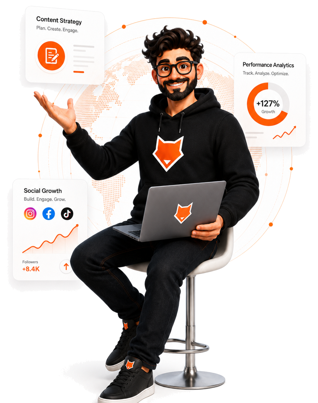 Fox Roar marketing avatar with content strategy, analytics, and social growth visuals